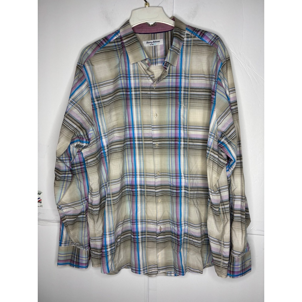 Tommy‎ Bahama Island Modern Fit Mens XXL Plaid Long Sleeve Button Down Shirt Tan